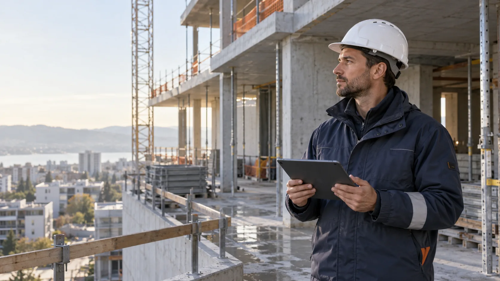 Professionnel utilisant un iPad sur un chantier, visuel illustratif
