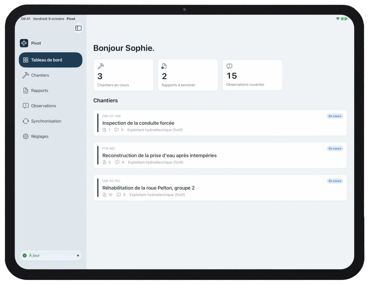 Tableau de bord de Pivot : chantiers en cours, rapports à terminer, observations ouvertes